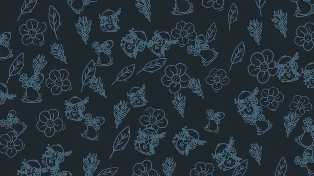 Seamless floral doodle pattern animation featuring flowers, leaves and bouquet elements on dark background. Perfect for romantic design, wedding, packaging and elegant backgrounds.