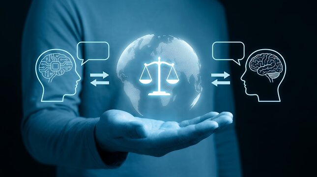 A human hand presenting a global network of communication justice scales and AI brains symbolizing interconnected digital intelligence and legal systems 175 characters Artificial intelligence