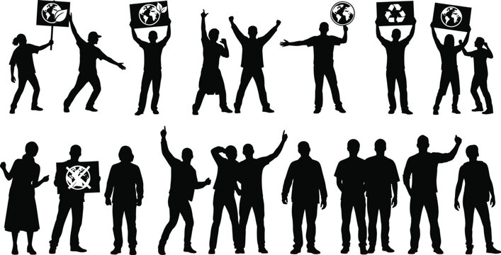 People protesting with environmental flags and signs isolated on white background, Vector