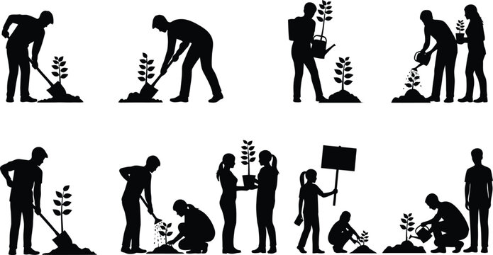 People planting and caring for young trees together isolated on white background, Vector