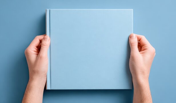 Blaue Buch Mockup in H&auml;nden minimalistisches Design leeres Cover Copy Space