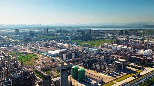 Aerial view of large-scale chemical plant and oil refinery infrastructure in industrial zone