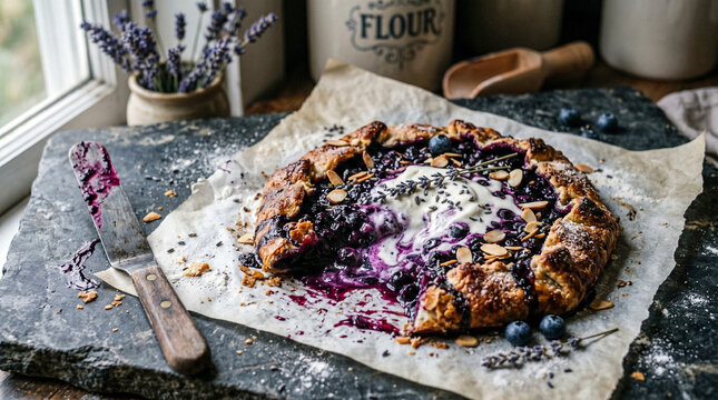 Blueberry galette with almonds and lavender on dark stone surface.