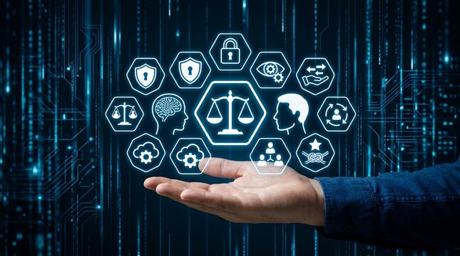 A hand presents a central constellation of glowing white icons representing justice security intelligence and teamwork against a digital blue matrix law scales balance protection