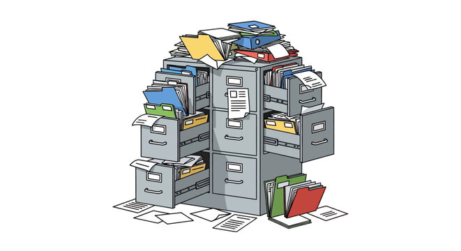 A messy stack of grey filing cabinets overflowing with various colorful folders and loose papers, illustrating disorganization.