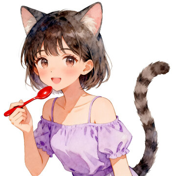 [Transparent Background PNG]Cute Anime Girl with Cat Ears Holding Red Spoon
