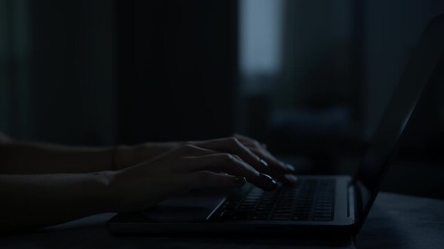 Thief Typing Message on Laptop in Darkness