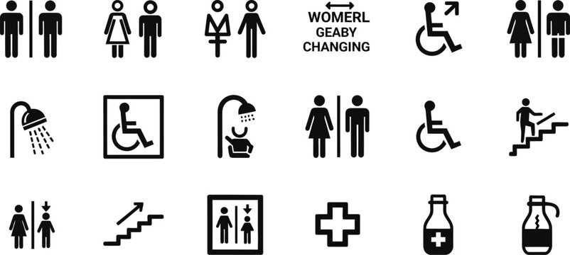 Public restroom and facility icons set, black minimalist wayfinding signs, universal accessibility symbols for bathroom and elevator navigation