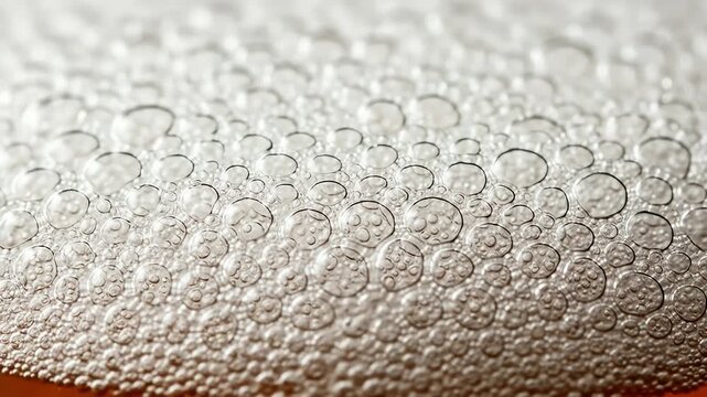 Abstract macro shot of dense, clear bubbles over a light brown background