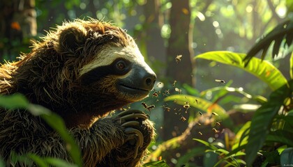 Fototapeta premium A sloth sitting in a lush forest.