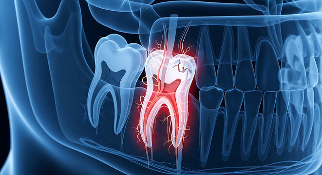 Oral anatomy under Examination: A detailed dental illustration showcases the inner workings of a human molar, with a highlighted area indicating inflammation.