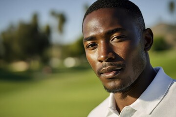 Fototapeta premium Elegant portrait of a handsome Black male golfer with a calm focused gaze