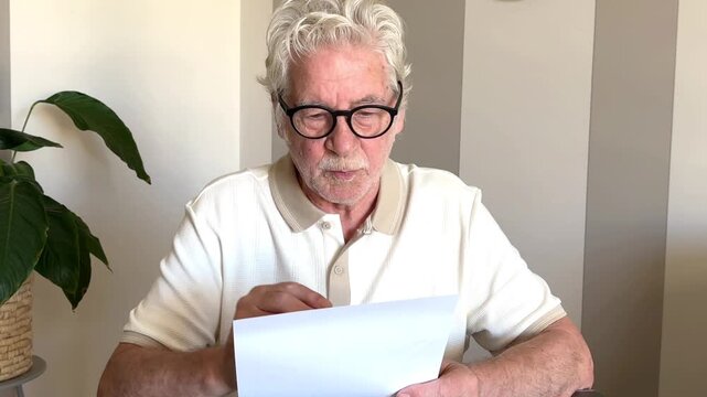 An elderly man wearing glasses carefully reads and reviews documents with a pencil in hand. He appears focused and engaged while sitting at his desk at home, possibly studying or managing personal pap