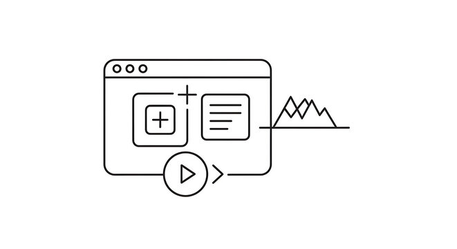 A simple line drawing of a web browser window with a play button and mountain peaks