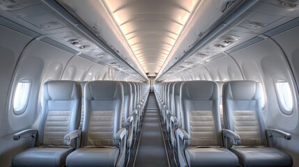 Obraz premium Empty commercial airplane cabin with unoccupied seats and calm lighting