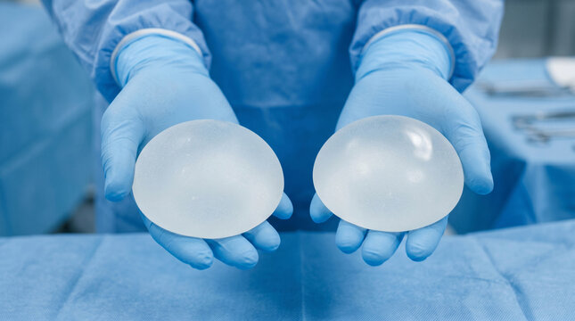 Close-up of plastic surgeon's hands in blue sterile gloves holding silicone breast implants before surgery, breast augmentation, mammoplasty and body contouring concept