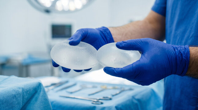 Close-up of plastic surgeon's hands in blue sterile gloves holding silicone breast implants before surgery, breast augmentation, mammoplasty and body contouring concept