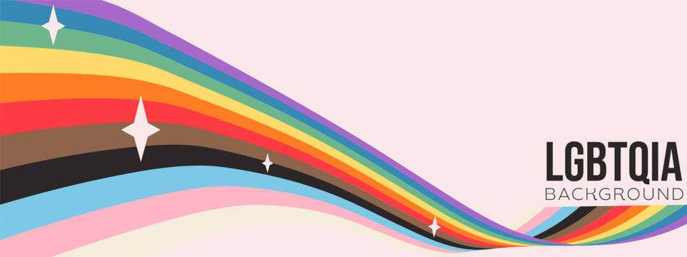 Intersectional Progress Pride background with waving inclusive rainbow. Queer LGBTQIA banner with transgender and BIPOC colors and y2k sparkles for inclusive marketing and social media. Vector.