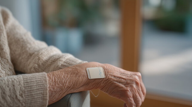 Elderly woman's forearm displaying both remote monitoring ECG patch and glucose sensor patch side by side, soft natural window light, comorbidity management senior multiple chronic conditions wearab
