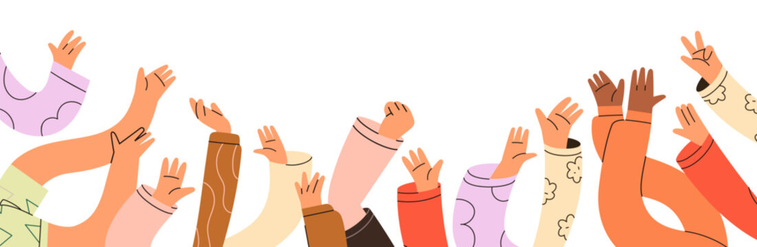 Hands raised up, greeting waving gesture, banner design. Crowd arms, diverse people group, community welcoming, horizontal border, edge. Flat vector illustration isolated on white background
