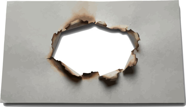 Burned torn paper hole vector illustration with blank center and charred edges for design overlays