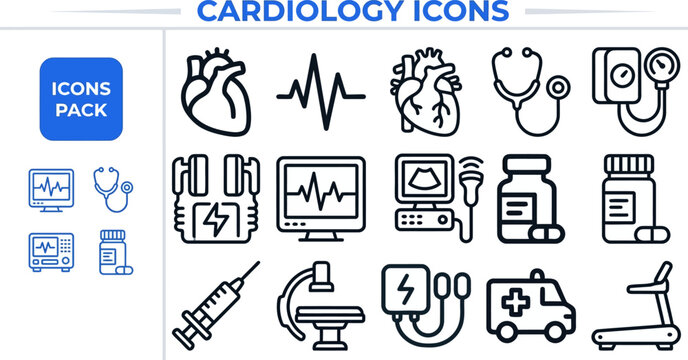 Cardiology and Heart Health outline icon set. Featuring heartbeat, ECG, pulse, cardiac care, and stethoscope symbols. Editable stroke vector icons for cardiac clinic and medical diagnosis.