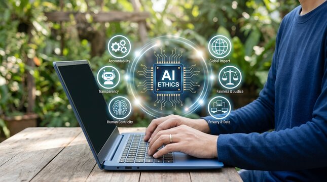 Person typing on laptop with AI ethics concept icons including accountability transparency human centricity global impact fairness justice and privacy artificial intelligence