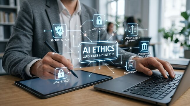 A businessman reviews AI ethics guidelines and principles on a tablet and laptop with icons representing data privacy accountability governance and transparency artificial intelligence