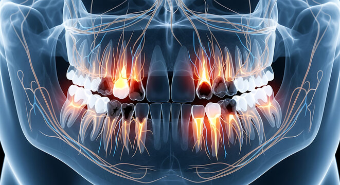 Dental Anatomy: A detailed, digitally rendered illustration showcasing the intricate structure of the teeth within a human jaw.