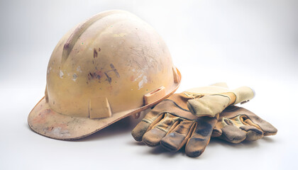 Fototapeta premium Worn yellow hard hat and dirty leather work gloves on a white background.