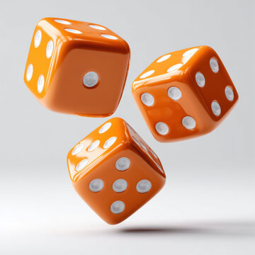 Three orange dice floating midair, white dots, glossy surface, playful mood, isolated on light background, high detail, sharp focus