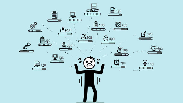 Overwhelmed person surrounded by icons representing tasks, notifications, and challenges in a chaotic digital world