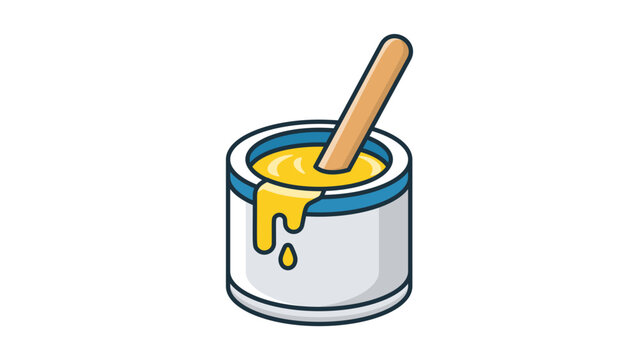 Yellow Paint Can with Mixing Stick and Drip, Modern Flat Vector Icon with Editable Stroke, Scalable Illustration for DIY, Home Renovation, Interior Design, and Creative Art Studio Projects.