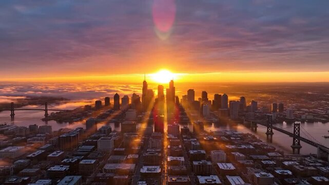 Epic sunrise over a city with skyscrapers, bridges, and a river reflecting the golden light of the sun.