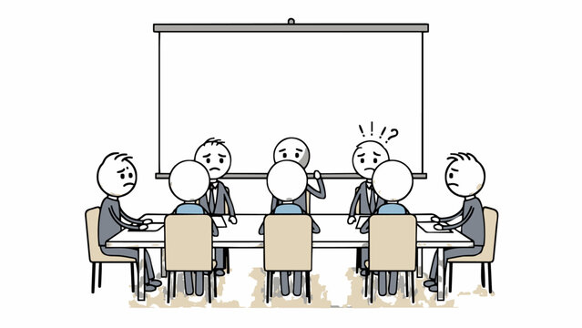 Stick figure illustration of a business meeting with a confused participant, highlighting communication challenges and stress in a corporate environment with a presentation screen