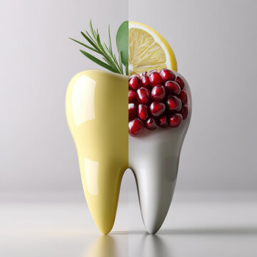 Half yellow tooth with rosemary and lemon, half white tooth with pomegranate, dental health, whitening, fresh, clean, creative concept
