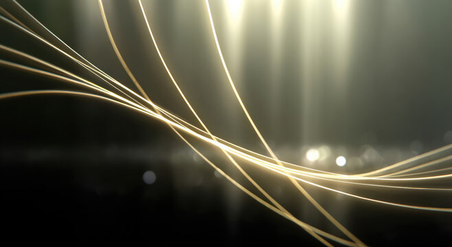 Golden light lines curve across dark background, creating abstract, high fidelity, modern and elegant visual effect