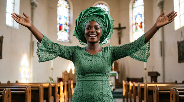 Emotional African woman praying in green gele with faith and spiritual grace.