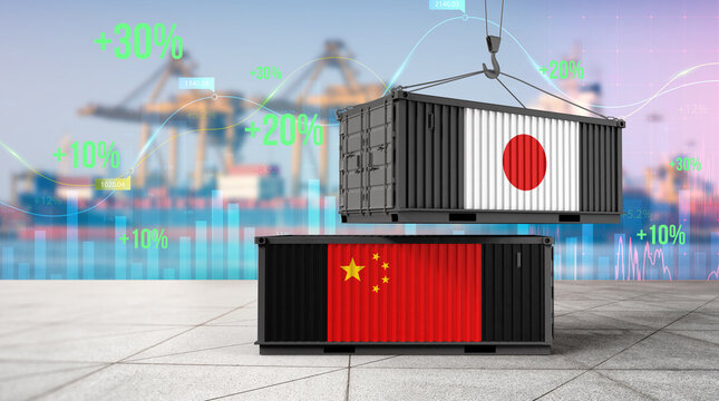 Global Trade Dynamics: Two shipping containers, one emblazoned with the flag of Japan and the other with China's flag, symbolize the interconnectedness of international trade.