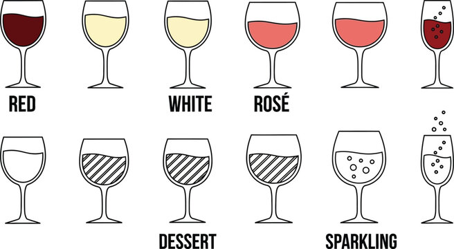 Vector graphic illustration displaying various types of wine glasses and fills