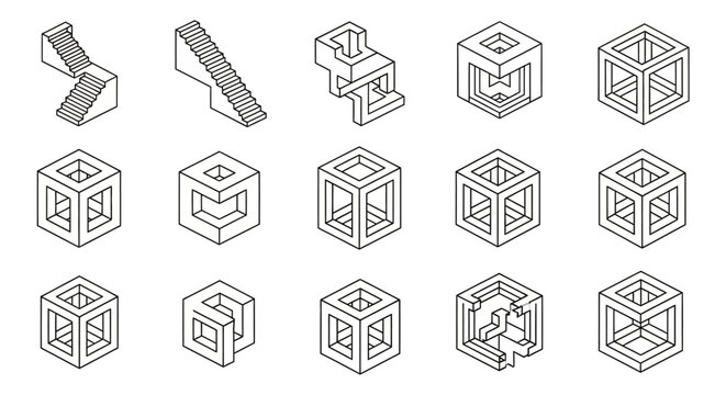 Set of Isometric Impossible Geometric Shapes and Optical Illusion Cubes