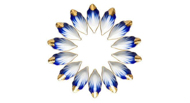 Beautifully arranged golden tipped blue flower petals forming a circular pattern on a white background, symbolizing nature's artistry and floral elegance  a white background
