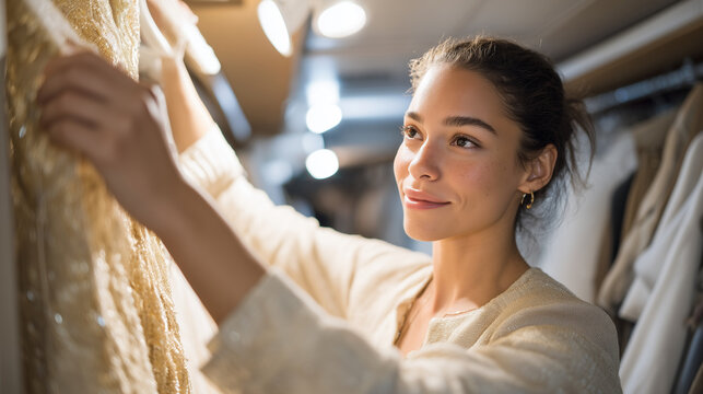 Clothes donation sorter volunteer holds up sequined gown against fluorescent light, examining condition before quality check, backstage charity gala resale event, sustainable fashion giving, pre-lov