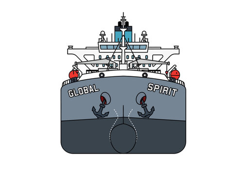 A large ship named Global Spirit sails across the ocean with anchors.