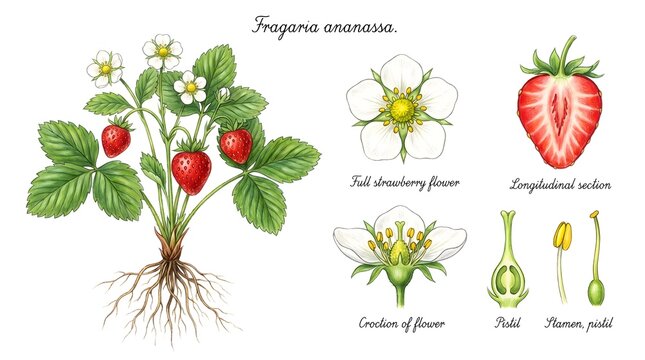 Realistic Handdrawn Scientific Botanical Illustration of Strawberry Plant with Flower and Fruit Anatomy