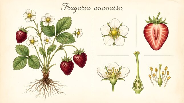 Vintage Botanical Illustration of Strawberry Plant Fragaria Ananassa with Detailed Flower and Fruit Anatomy Diagram Scientific Drawing Print