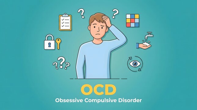 Modern Illustration of Man with Obsessive Compulsive Disorder and Problem