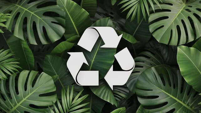 White recycling symbol with three arrows on lush green tropical leaves background, symbolizing sustainability and ecological preservation.