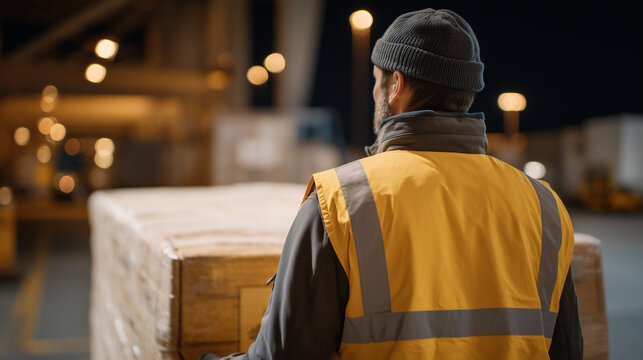 Armed logistics security guard escorting high-value electronics shipment through warehouse checkpoint at night, cargo theft prevention, loss prevention officer, secure freight handling, industrial s