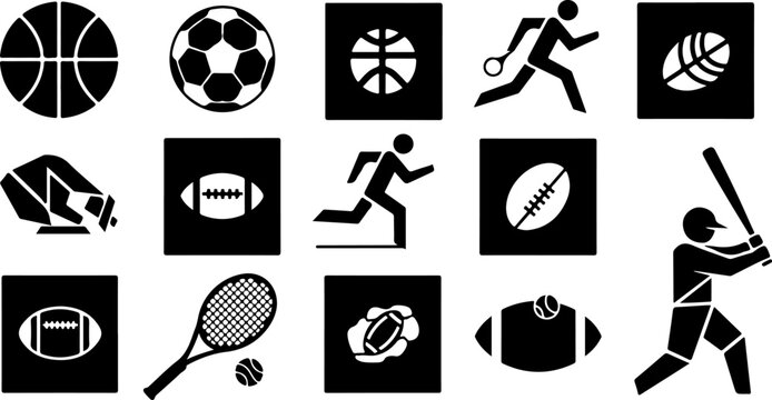 Sports icons, athletic symbols, 16 black and white graphics, vector illustrations, fitness signs